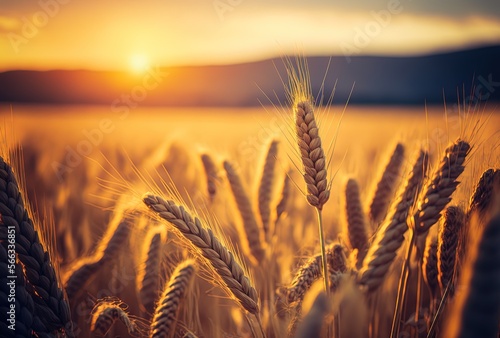 beautiful close up wheat ear against sunlight at evening or morning with yellow field as background, Generative Ai