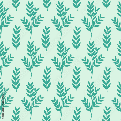 Seamless pattern with green leaves on a light background. Floral pattern. Vector. Pattern for background, packaging, decor, wallpaper, textile. © Olha
