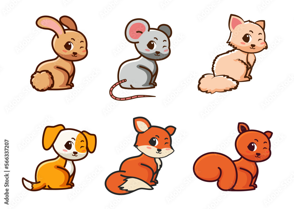 Similar flat style vector set of cute rabbit, mouse, cat and more on a white background. Adorable forest animals on a white background