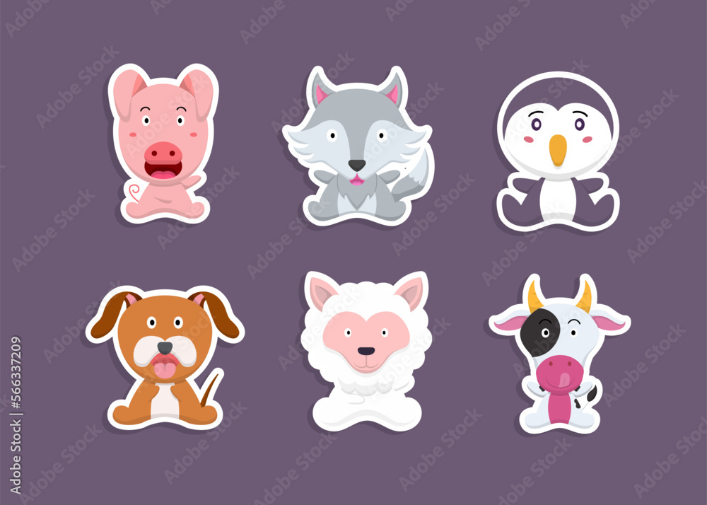 Colorful set of cute farm animals and objects, vector stickers with domestic animals