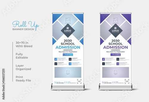 Kids school admission roll up banner design