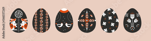 Easter eggs. Cartoon egg decoration with Ukrainian pattern design, flower bird horse bunny elements. Vector modern set