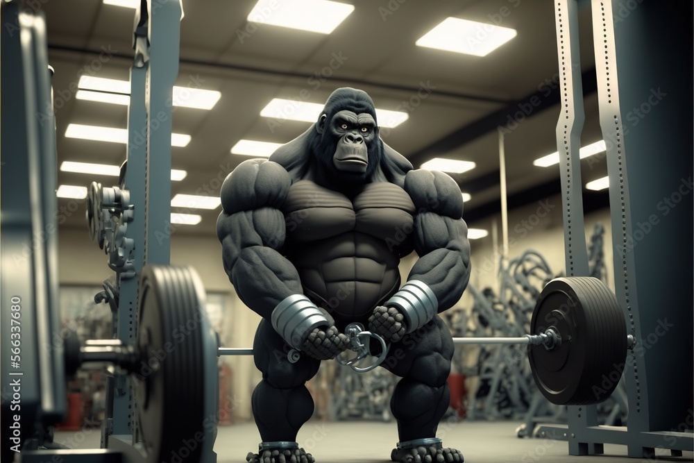 a gorilla is squatting in a gym with a barbell in front of him and