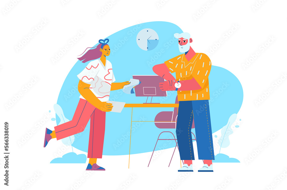 Deadline blue concept with people scene in the flat cartoon style. Manager asks the employee to speed up in order to complete task by a certain time.