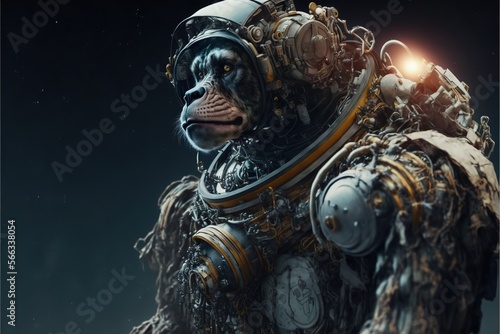  a monkey in a space suit with a light on its head and a helmet on its head, standing in front of a dark background.  generative ai