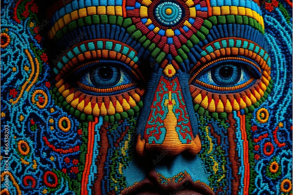 Human face in huichol yarn painting style, concept of Folk Art and