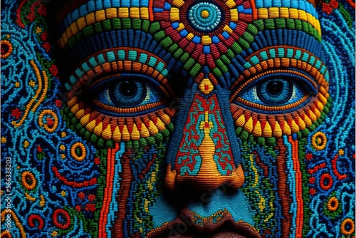 Human face in huichol yarn painting style, concept of Folk Art and Indigenous Art, created with Generative AI technology