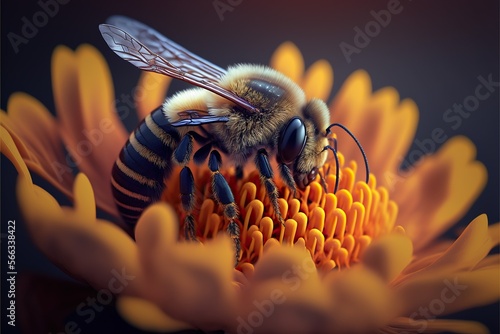 Close-up of a heavily loaded bee on a flower on a sunny meadow, macro ,Generative AI 