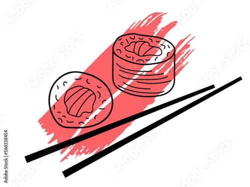 Asian sushi roll with chopsticks on pink brush strokes. Sushi logo. Hand drawn doodle sketch. Black red Vector on white background for Card, Label, Poster, Sticker, bar logo, menu design, label