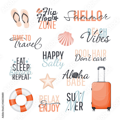 Set of Summer stickers with funny inspirational phrases