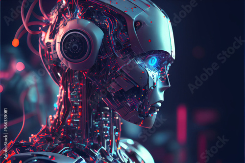 Artificial intelligence futuristic digital technology robot. AI Robot head. Cyber robotisation. digital smart world metaverse concept Futuristic AI background. High quality ai generated illustration.