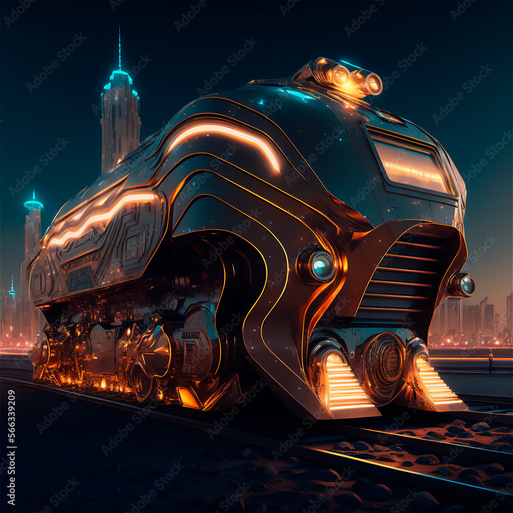 Illuminated futuristic autonomous train science fiction scene. AI generated. Selective Focus