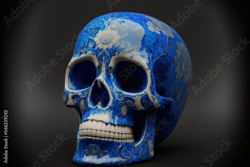 Human skull in blue pottery style, concept of Mexican Folk Art and Ceramic Art, created with Generative AI technology