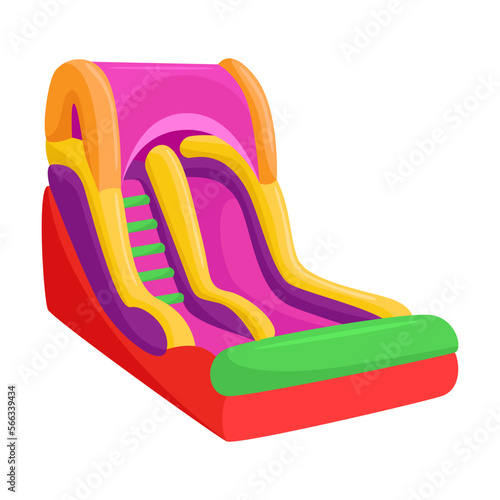 Bouncy castle for kids vector illustration. Cartoon drawing of inflated trampoline with slide, playground or park equipment for jumping. Childhood, entertainment concept