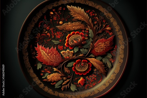 Khokhloma plate, concept of Russian Folk Art and Floral Pattern, created with Generative AI technology photo