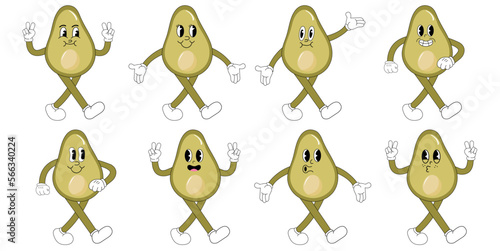 A Set of avocado cartoon groovy stickers with funny comic characters, gloved hands. Modern illustration with legs and arms.	
