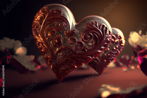 Heart shaped chocolate candies on the background of party lights, gorgeous Valentines Day background