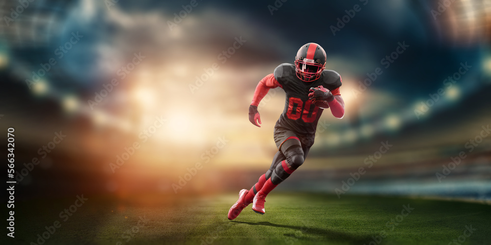 American Football player in red and black uniform in running pose against stadium background. American Football, advertising poster, template, blank, sports. 3D illustration, 3D rendering.