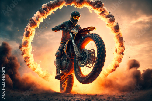 Motorbike jumping fire hoop generative AI