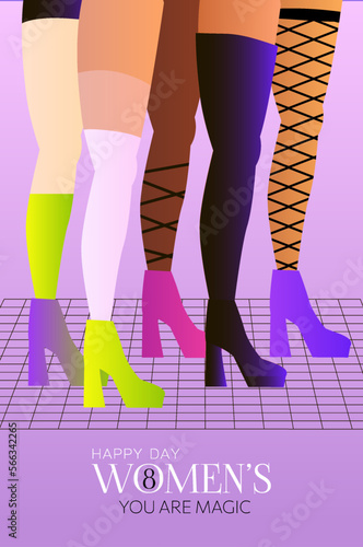 Legs of beautiful young women. High Heels. Different women stand side by side together. International Women's Day. March 8. Spring. Vector.