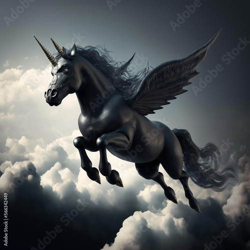 black unicorn flying in the sky under the clouds