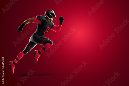 American Football player in red and black uniform in running pose on red background. American Football  advertising poster  template  blank  sports. 3D illustration  3D rendering.