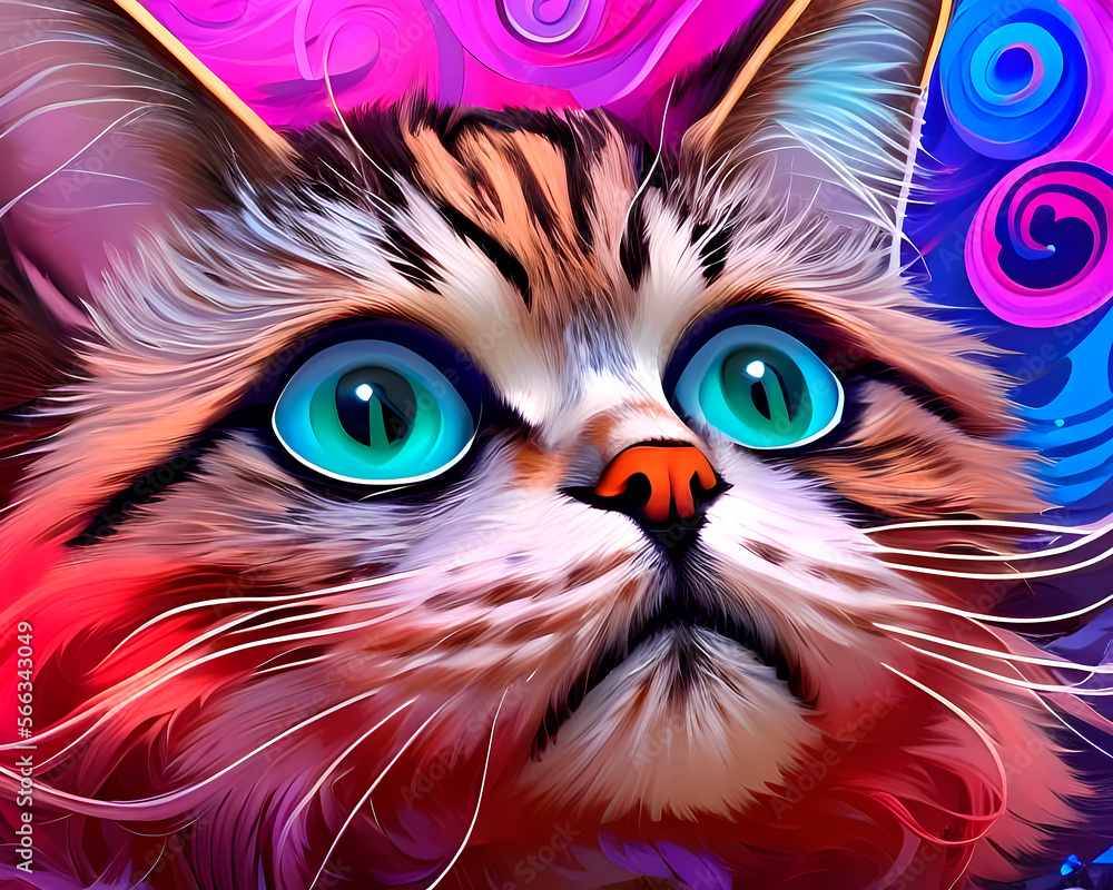 Generative AI, portrait of a fluffy cat painted in oil painting style with splashes of colored paint in beautiful fluffy long hair, detailed cat eyes, 3D cinematic studio lighting.