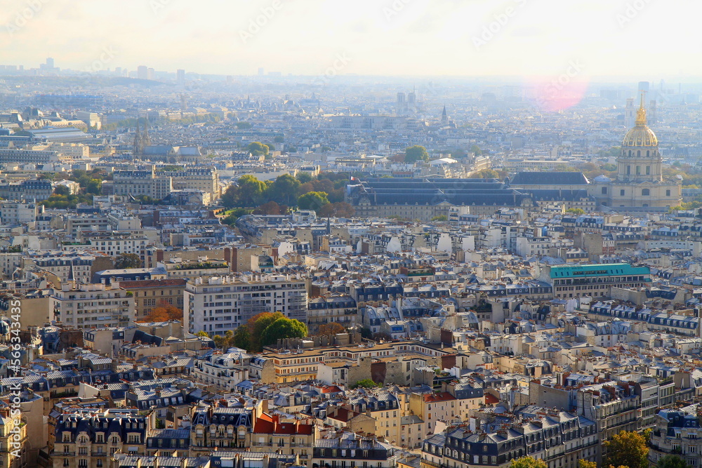 Parisien architecture and french roofs from above Eiffel tower at sunrise, Paris, France