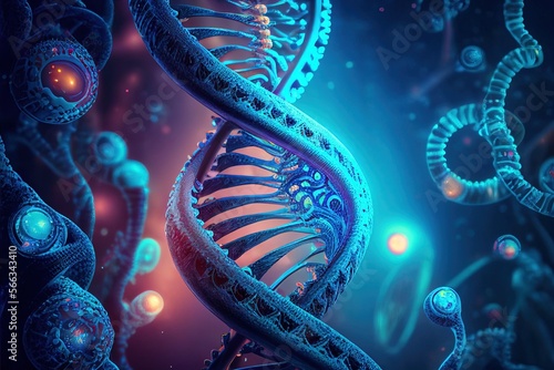 Blue chromosome DNA and gradually glowing flicker light matter chemical when camera moving closeup. Generative Ai