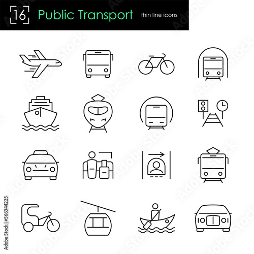 Public transport thin line icon set. Global passenger traffic and traveling related items. Vector outline stroke.