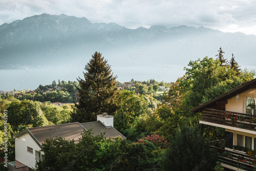 Majestic view of the Lake Geneva, amazing light and pretty houses