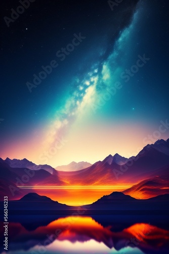 Sunset in mountains and perfect sky. Generative AI galaxy on the background.