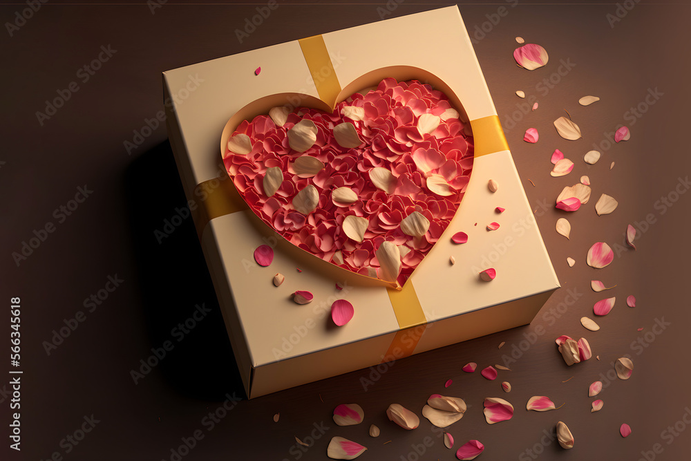 Rose petals on top of 3d gift box with in heart shape for valentines ...