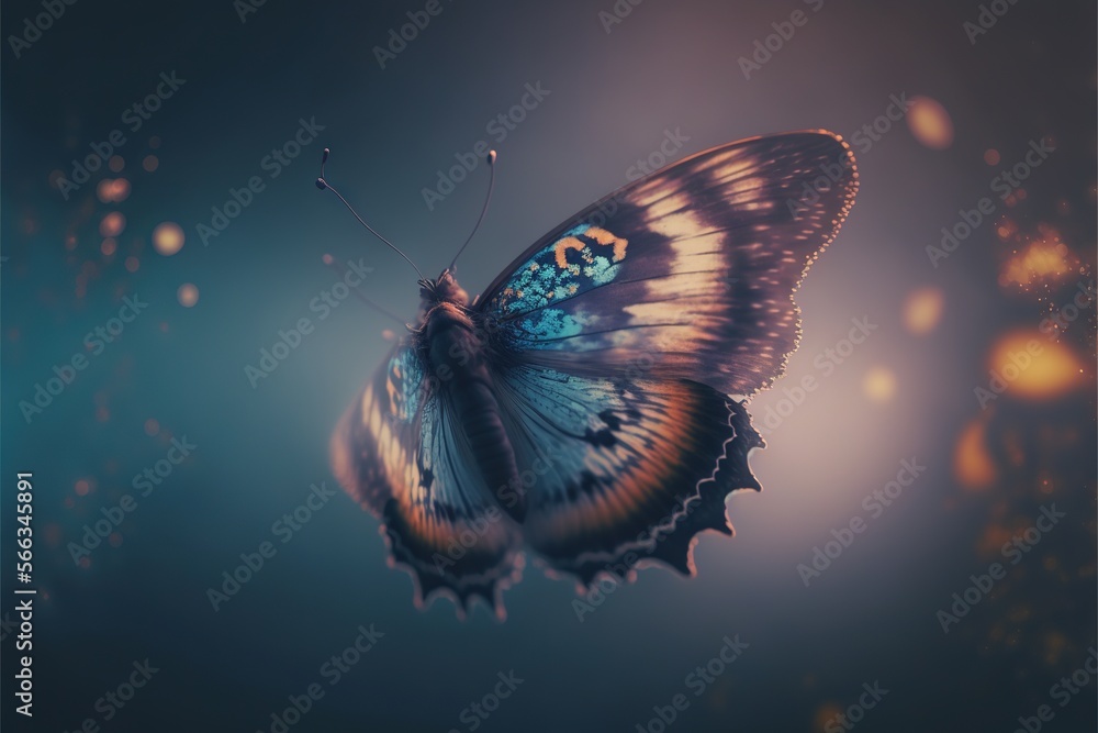 a blue butterfly flying through the air with bubbles on it's back legs ...