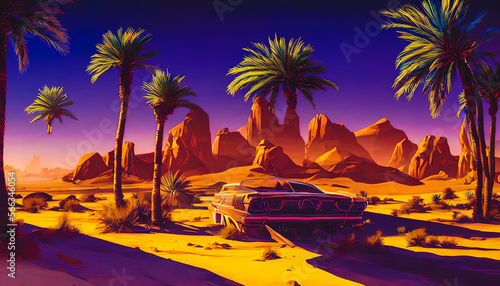 A picturesque and tranquil landscape featuring palm trees silhouetted against a warm and golden retro sunset. The serene and scenic scene is reminiscent of a tropical paradise. Generative AI
