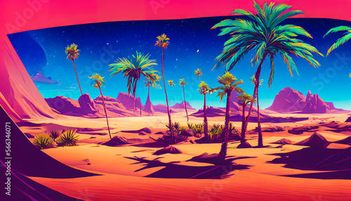 A picturesque and tranquil landscape featuring palm trees silhouetted against a warm and golden retro sunset. The serene and scenic scene is reminiscent of a tropical paradise. Generative AI