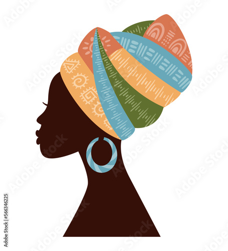 Beautiful African woman silhouette in traditional multicoloured  turban (profile view). Black afro women vector isolated with traditional batik, ethnic background. African Logo