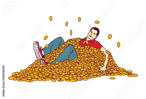 Young happy man pot of money isolated on white