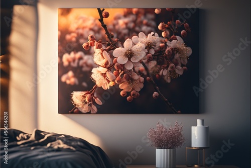  a picture of a flower on a wall above a bed with a vase of flowers on the side of the bed and a picture of a flower on the wall above the bed.  generative ai photo