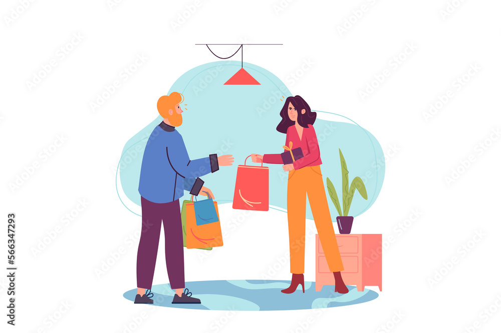Concept Shopping with people scene in the flat cartoon style. Store consultant gives the packed goods to the client in the store.