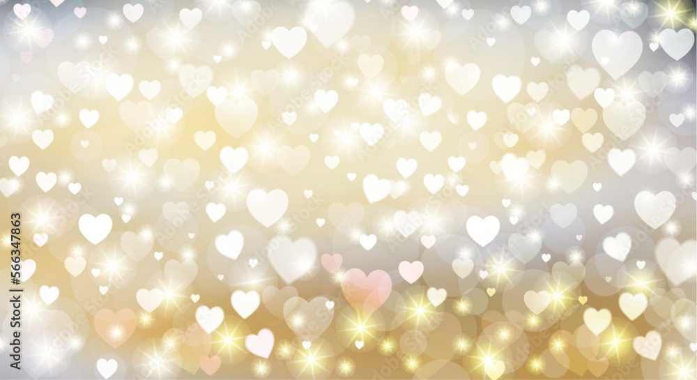 Gentle light background with hearts and sparkling sparks, bokeh. Beautiful design for weddings, Valentine's Day and other romantic dates.