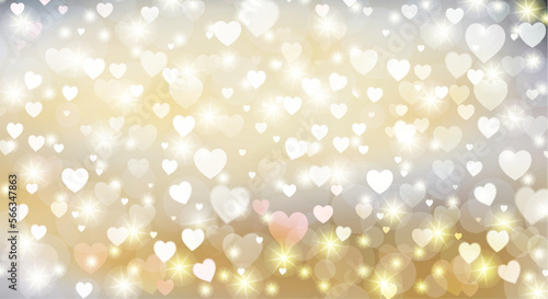 Gentle light background with hearts and sparkling sparks, bokeh. Beautiful design for weddings, Valentine's Day and other romantic dates.