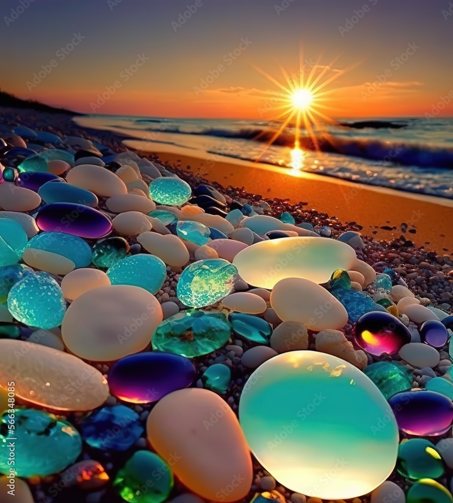 Sunset on sand beach. Beautiful glass and shiny stone rounded pebble ...