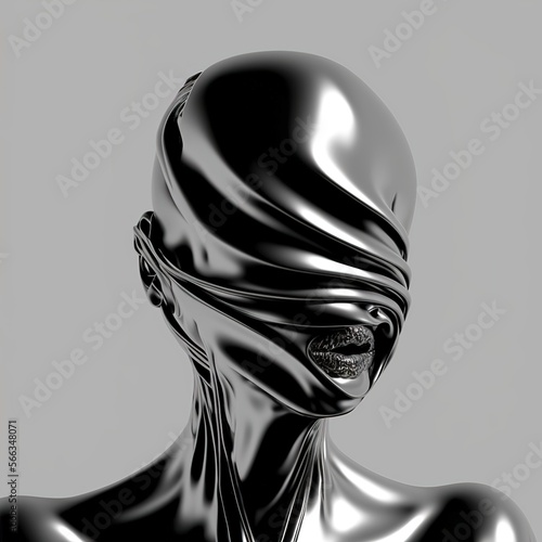 Chrome alien woman liquid metal with no face. Amorphic humanoid cyborg robot. Cyberpunk and Darksynth wallpaper. Modern fashion style Generative AI photo