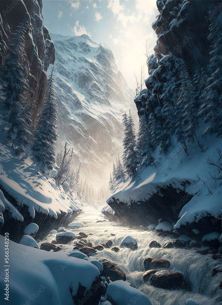 Fast river running through winter forest on high mountain slopes, detailed landscape painting, snowy scene in photorealism style. Generative AI