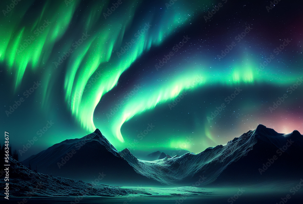 Aurora borealis AI Generative. Northern lights at sea. Snowy mountains in aurora Polaris. Starry sky during northern lights on lofoten islands. Aurora Polaris landscape. Aurora borealis in Scandinavia