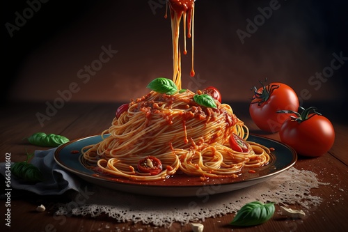 Italian tasty spaghetti with tomato sauce. Generative AI.