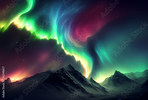 Aurora borealis AI Generative. Northern lights at sea. Snowy mountains in aurora Polaris. Starry sky during northern lights on lofoten islands. Aurora Polaris landscape. Aurora borealis in Scandinavia