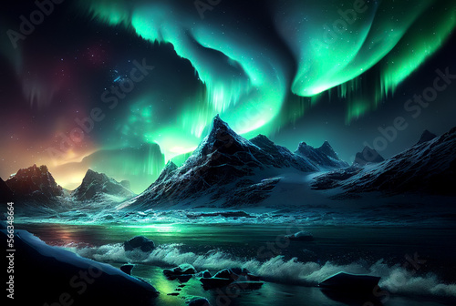 Aurora borealis AI Generative. Northern lights at sea. Snowy mountains in aurora Polaris. Starry sky during northern lights on lofoten islands. Aurora Polaris landscape. Aurora borealis in Scandinavia