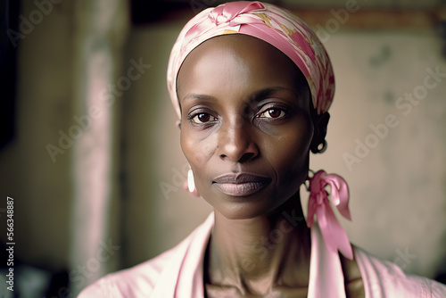 Portrait of black woman with pink head scarf for international cancer day. generative ai